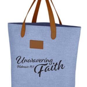 Carry your convictions with style. This beautiful tote features an inspiring "Unwavering Faith" design with the Hebrews 11:1 scripture reference, perfect for church, shopping, or everyday use. Crafted from durable poly canvas with genuine leatherette handles, this tote combines quality construction with meaningful style. The convenient inside zippered pocket keeps your essentials secure, while the spacious interior accommodates all your needs. Easy care—simply spot clean and air dry. A perfect gift for those who live their faith.
