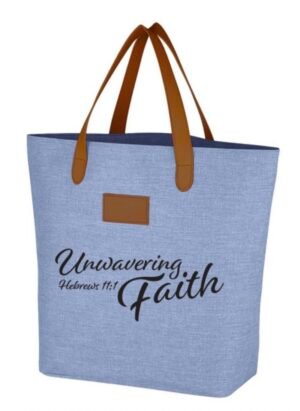 Carry your convictions with style. This beautiful tote features an inspiring "Unwavering Faith" design with the Hebrews 11:1 scripture reference, perfect for church, shopping, or everyday use. Crafted from durable poly canvas with genuine leatherette handles, this tote combines quality construction with meaningful style. The convenient inside zippered pocket keeps your essentials secure, while the spacious interior accommodates all your needs. Easy care—simply spot clean and air dry. A perfect gift for those who live their faith.