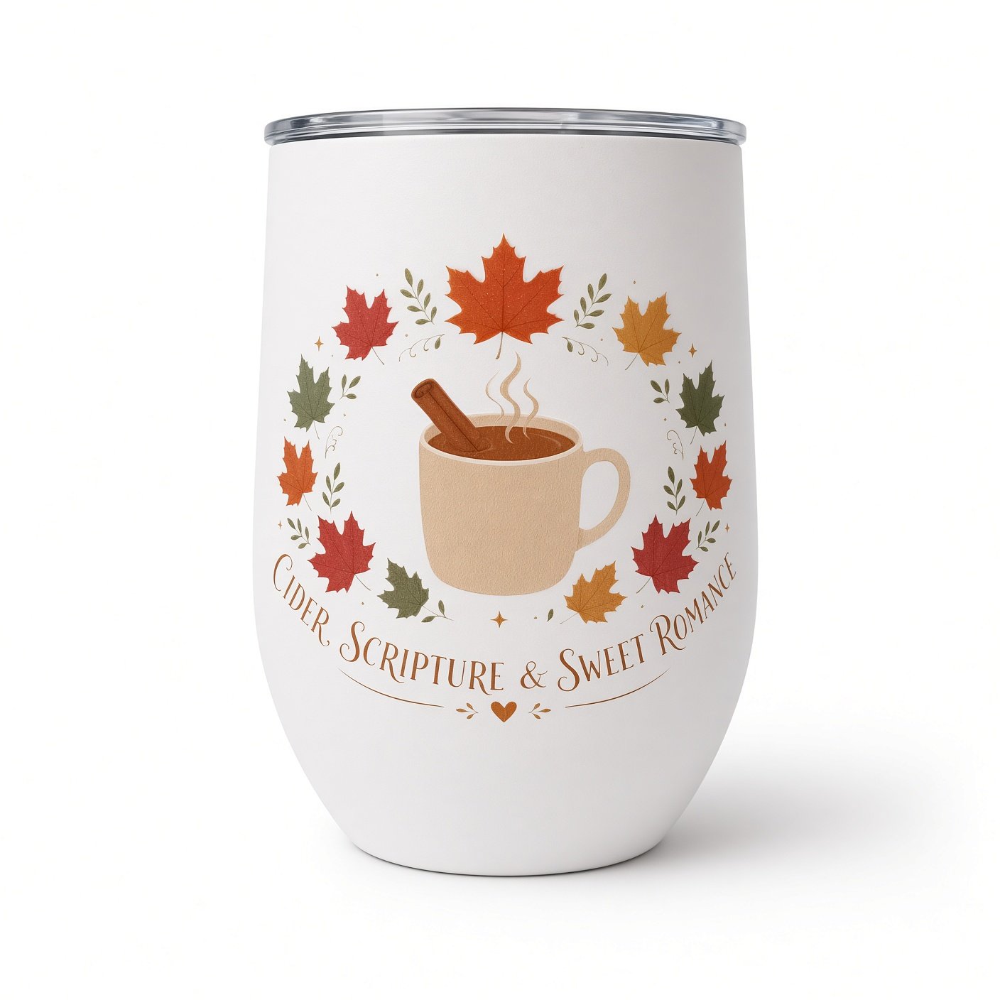 Cider, Scripture & Sweet Romance white wine tumbler with fall leaf wreath