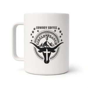 Cowboy Coffee Circle 7 Ranch camper mug with a black longhorn, cross, mountains, rope circle and coffee beans design
