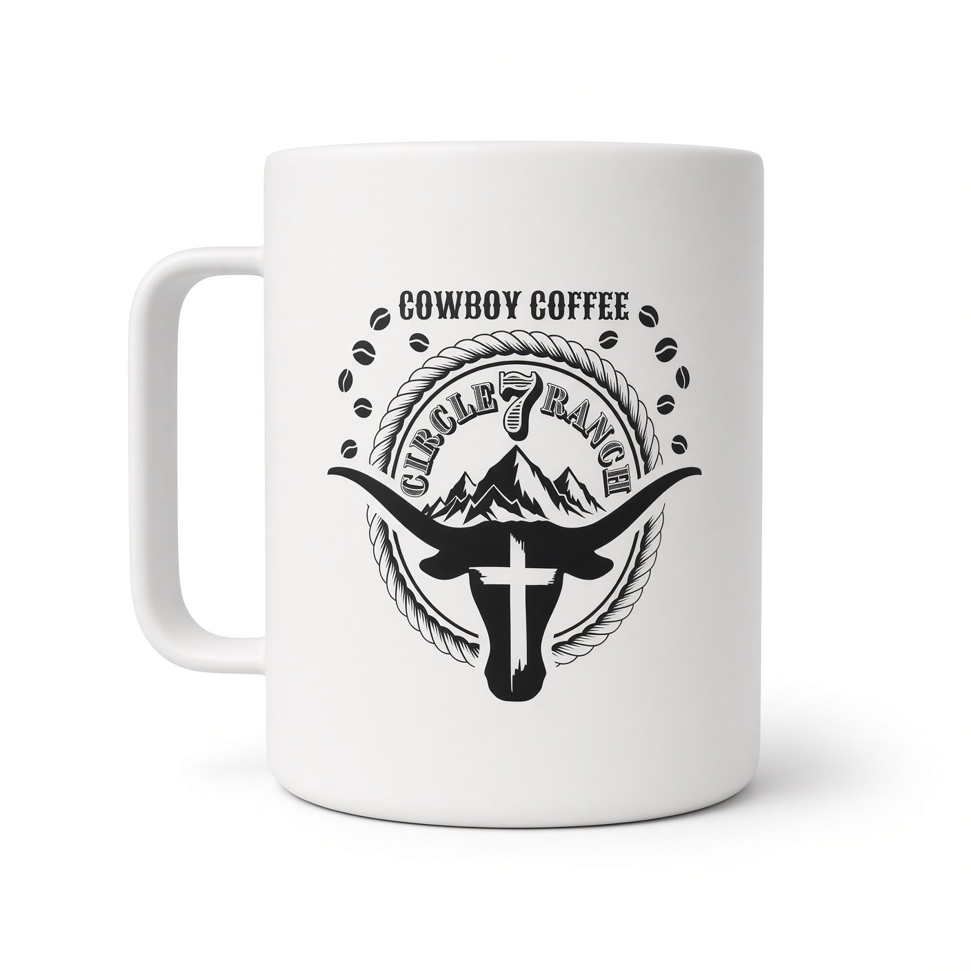 Cowboy Coffee Circle 7 Ranch camper mug with a black longhorn, cross, mountains, rope circle and coffee beans design
