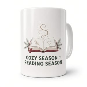 Cozy Season = Reading Season camper mug with an open book, rising steam and pine sprigs