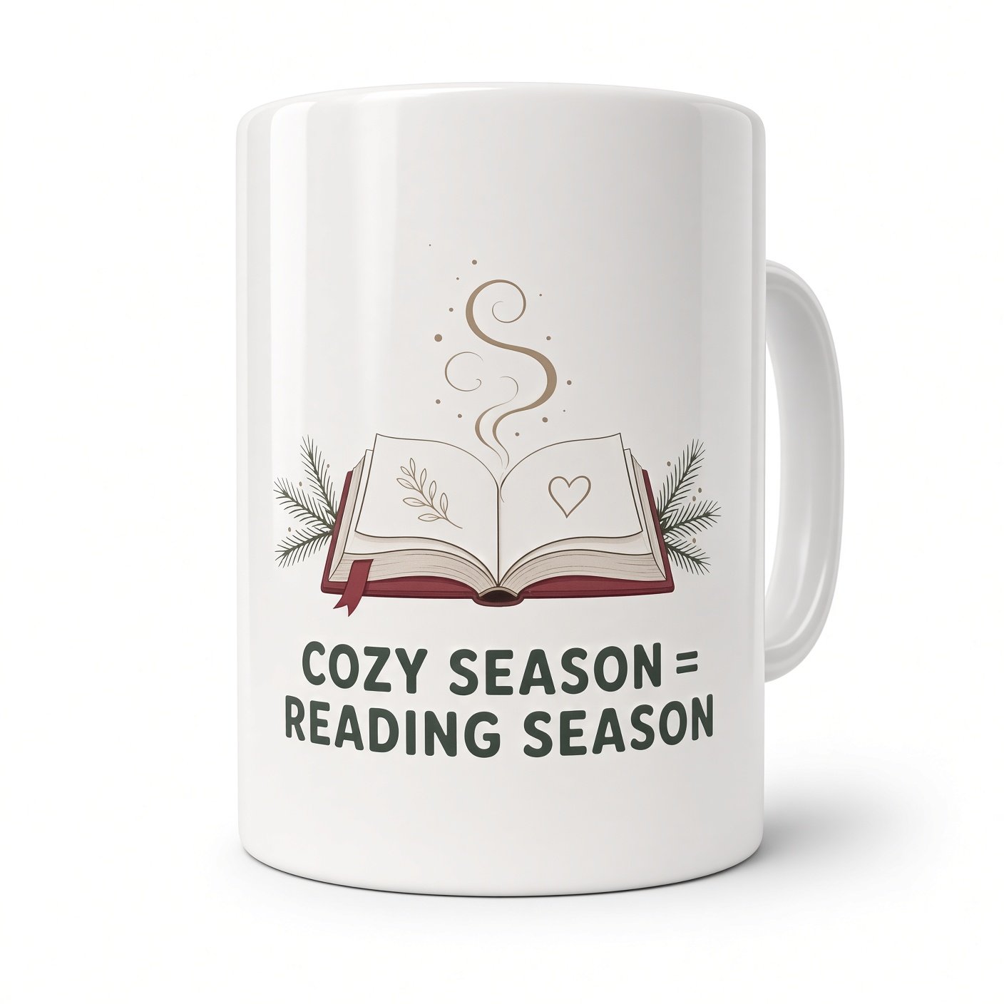 Cozy Season = Reading Season camper mug with an open book, rising steam and pine sprigs
