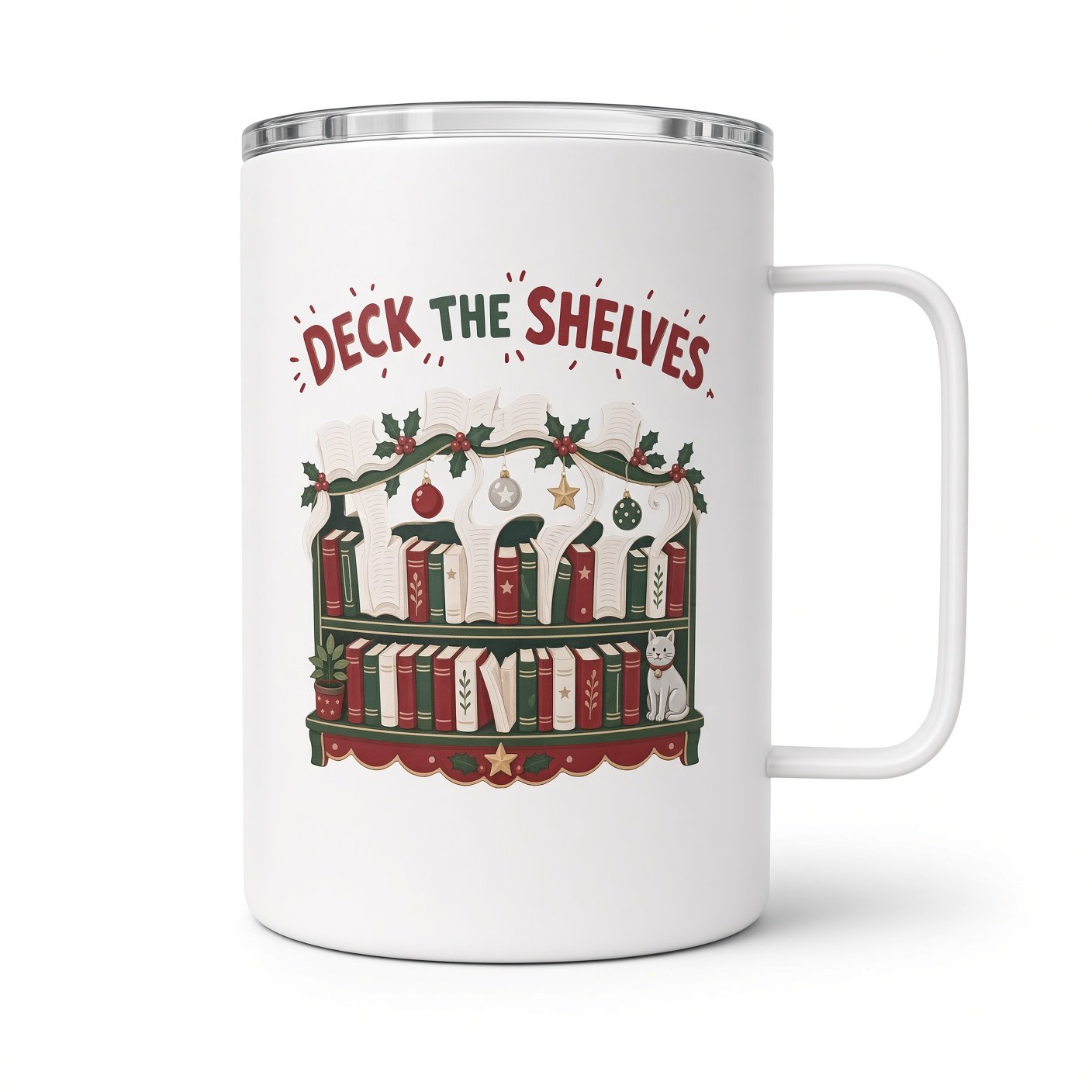 Deck the Shelves Christmas camper mug with a festive bookshelf, holly garland, ornaments and a white cat