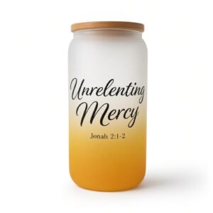 Frosted glass can tumbler with a wooden lid and a white-to-golden-orange gradient, printed with Unrelenting Mercy and Jonah 2:1-2